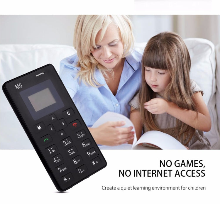 AIEK M5 Card Mobile Phone, Network: 2G, 4.5mm Ultra Thin Pocket Mini Slim Card Phone, 1.0 inch LED Display, QWERTY Keyboard, Support TF / Micro SD Card up to 16GB, Bluetooth, Calendar, FM, MP3, Alarm, Size: 85 x 55 x 4.5 mm
