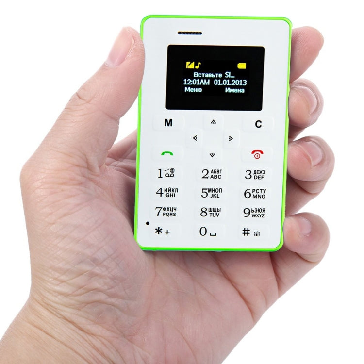 AIEK M5 Card Mobile Phone, Network: 2G, 4.5mm Ultra Thin Pocket Mini Slim Card Phone, 1.0 inch LED Display, QWERTY Keyboard, Support TF / Micro SD Card up to 16GB, Bluetooth, Calendar, FM, MP3, Alarm, Size: 85 x 55 x 4.5 mm