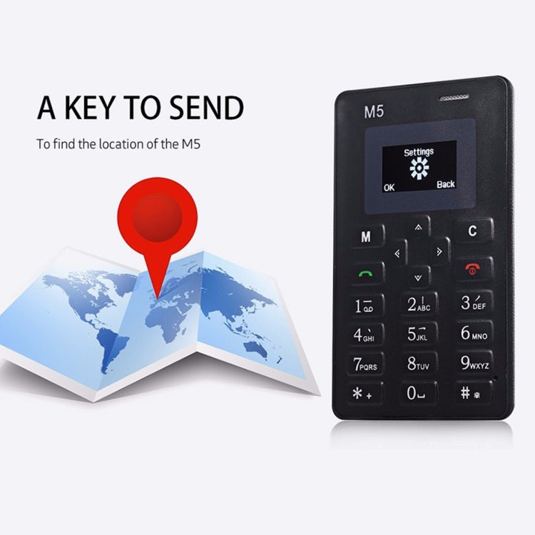 AIEK M5 Card Mobile Phone, Network: 2G, 4.5mm Ultra Thin Pocket Mini Slim Card Phone, 1.0 inch LED Display, QWERTY Keyboard, Support TF / Micro SD Card up to 16GB, Bluetooth, Calendar, FM, MP3, Alarm, Size: 85 x 55 x 4.5 mm
