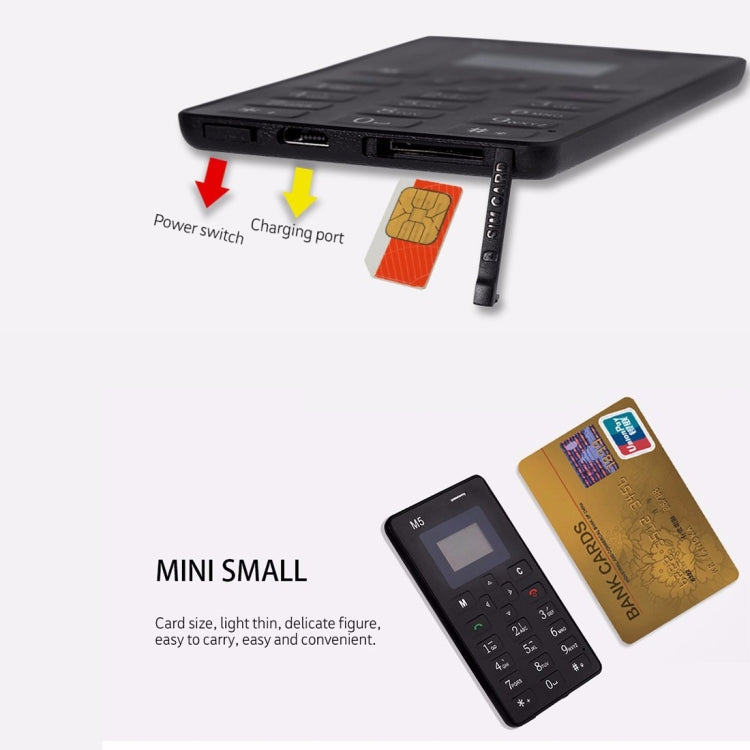 AIEK M5 Card Mobile Phone, Network: 2G, 4.5mm Ultra Thin Pocket Mini Slim Card Phone, 1.0 inch LED Display, QWERTY Keyboard, Support TF / Micro SD Card up to 16GB, Bluetooth, Calendar, FM, MP3, Alarm, Size: 85 x 55 x 4.5 mm