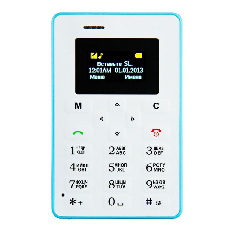 AIEK M5 Card Mobile Phone, Network: 2G, 4.5mm Ultra Thin Pocket Mini Slim Card Phone, 1.0 inch LED Display, QWERTY Keyboard, Support TF / Micro SD Card up to 16GB, Bluetooth, Calendar, FM, MP3, Alarm, Size: 85 x 55 x 4.5 mm