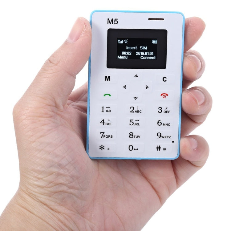 AIEK M5 Card Mobile Phone, Network: 2G, 4.5mm Ultra Thin Pocket Mini Slim Card Phone, 1.0 inch LED Display, QWERTY Keyboard, Support TF / Micro SD Card up to 16GB, Bluetooth, Calendar, FM, MP3, Alarm, Size: 85 x 55 x 4.5 mm