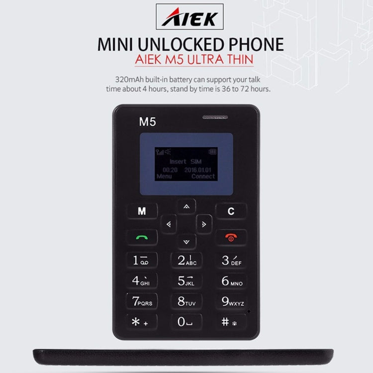 AIEK M5 Card Mobile Phone, Network: 2G, 4.5mm Ultra Thin Pocket Mini Slim Card Phone, 1.0 inch LED Display, QWERTY Keyboard, Support TF / Micro SD Card up to 16GB, Bluetooth, Calendar, FM, MP3, Alarm, Size: 85 x 55 x 4.5 mm