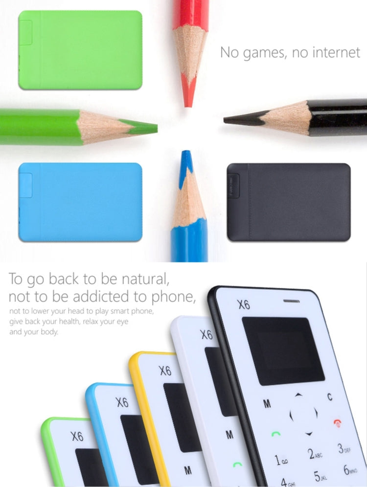 AIEK X6 Card Mobile Phone, Network: 2G, 4.8mm Ultra Thin Pocket Mini Slim Card Phone, 1.0 inch LED Display, QWERTY Keyboard, Bluetooth 3.0, FM, Calendar, Calculator, Alarm, Size: 85 x 52 x 4.8 mm