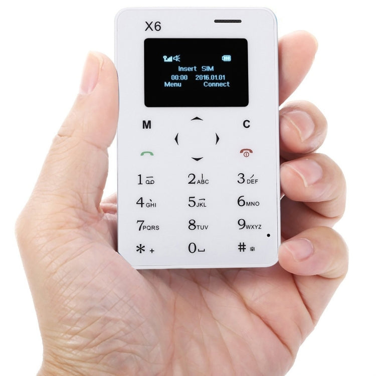 AIEK X6 Card Mobile Phone, Network: 2G, 4.8mm Ultra Thin Pocket Mini Slim Card Phone, 1.0 inch LED Display, QWERTY Keyboard, Bluetooth 3.0, FM, Calendar, Calculator, Alarm, Size: 85 x 52 x 4.8 mm