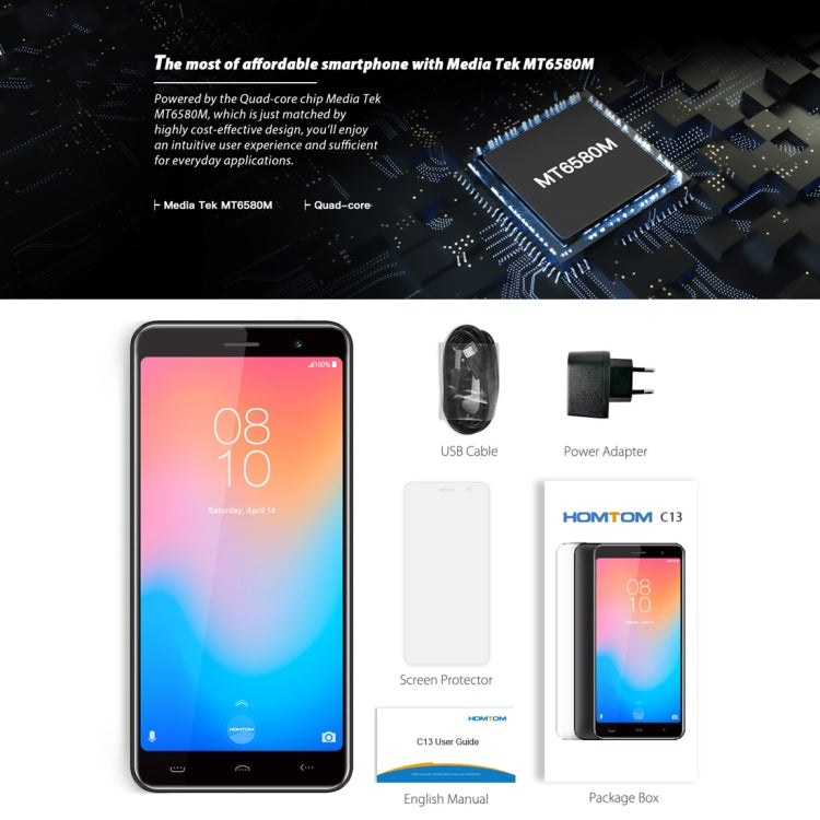 [HK Warehouse] HOMTOM C13, 1GB+8GB, Dual Back Cameras, 5.0 inch Android GO MTK6580M Quad Core up to 1.3GHz, Network: 3G, OTA, Dual SIM