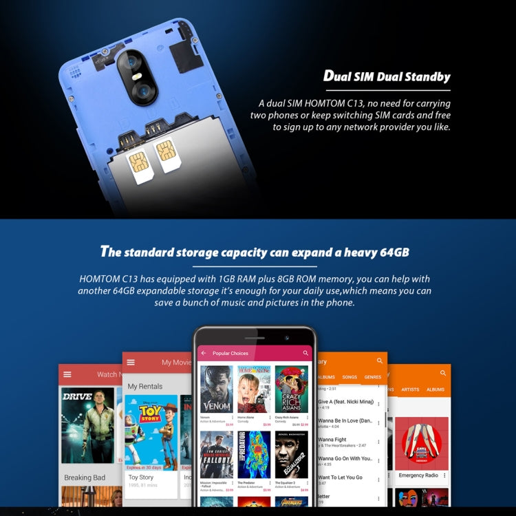 [HK Warehouse] HOMTOM C13, 1GB+8GB, Dual Back Cameras, 5.0 inch Android GO MTK6580M Quad Core up to 1.3GHz, Network: 3G, OTA, Dual SIM