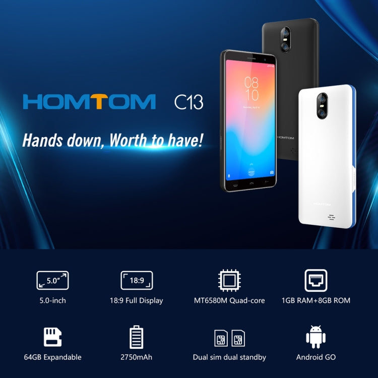 [HK Warehouse] HOMTOM C13, 1GB+8GB, Dual Back Cameras, 5.0 inch Android GO MTK6580M Quad Core up to 1.3GHz, Network: 3G, OTA, Dual SIM
