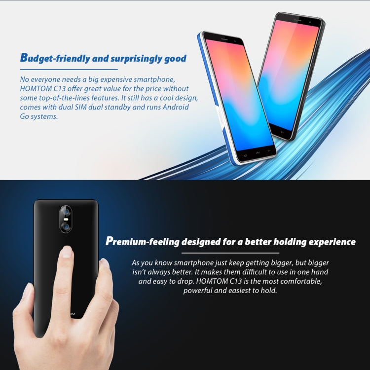 [HK Warehouse] HOMTOM C13, 1GB+8GB, Dual Back Cameras, 5.0 inch Android GO MTK6580M Quad Core up to 1.3GHz, Network: 3G, OTA, Dual SIM