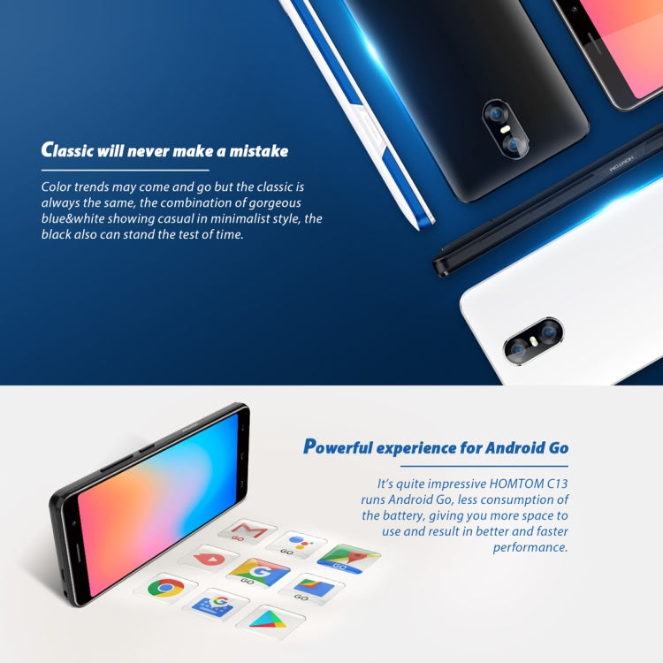 [HK Warehouse] HOMTOM C13, 1GB+8GB, Dual Back Cameras, 5.0 inch Android GO MTK6580M Quad Core up to 1.3GHz, Network: 3G, OTA, Dual SIM