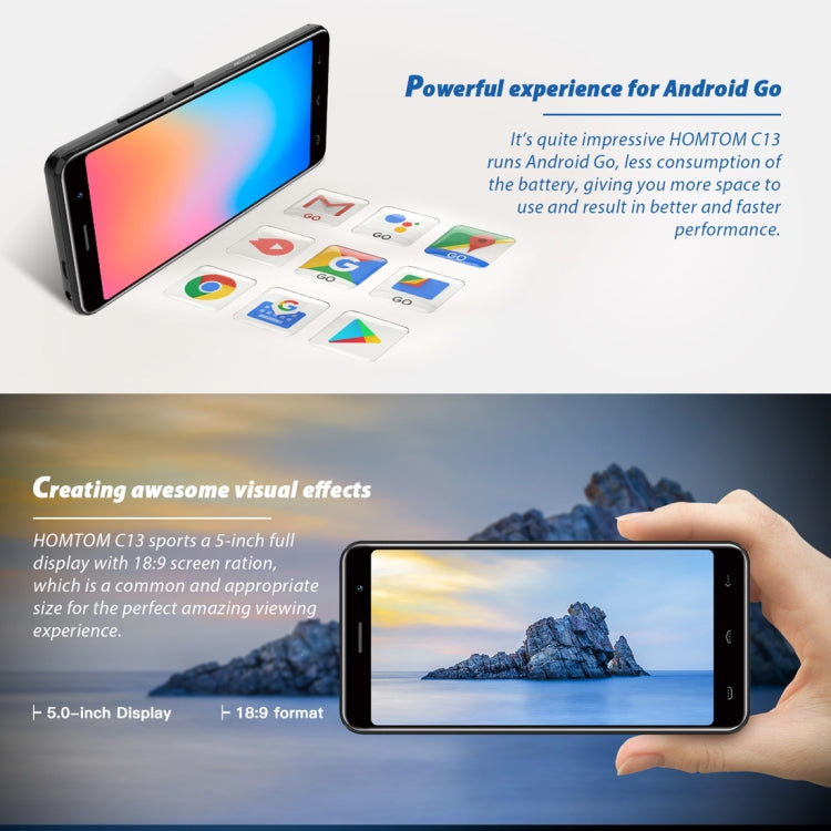 [HK Warehouse] HOMTOM C13, 1GB+8GB, Dual Back Cameras, 5.0 inch Android GO MTK6580M Quad Core up to 1.3GHz, Network: 3G, OTA, Dual SIM
