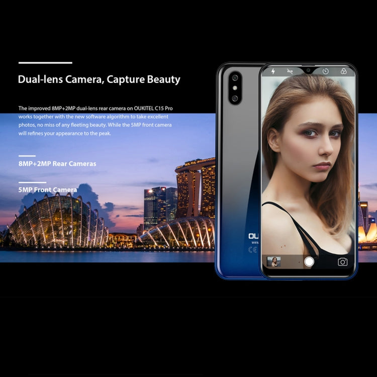 [HK Warehouse] OUKITEL C15 Pro, 2GB+16GB, Dual Back Cameras, Face ID & Fingerprint Identification, 6.088 inch 2.5D Water-drop Screen Android 9.0 Pie MTK6761 Quad Core up to 2.0GHz, Network: 4G, Dual SIM, OTG, VoLTE