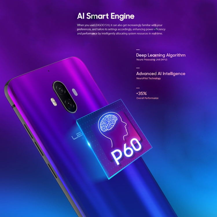 [HK Warehouse] LEAGOO S10,  6GB+128GB, Dual Back Cameras, Face & In-Display Fingerprint Identification, 4050mAh Battery, 6.21 inch Android 8.1 MTK6771 Helio P60 Octa Core up to 2.0GHz, Network: 4G, OTG, Dual SIM(Gradient Blue)