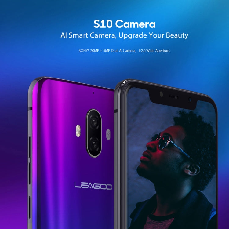 [HK Warehouse] LEAGOO S10,  6GB+128GB, Dual Back Cameras, Face & In-Display Fingerprint Identification, 4050mAh Battery, 6.21 inch Android 8.1 MTK6771 Helio P60 Octa Core up to 2.0GHz, Network: 4G, OTG, Dual SIM(Gradient Blue)