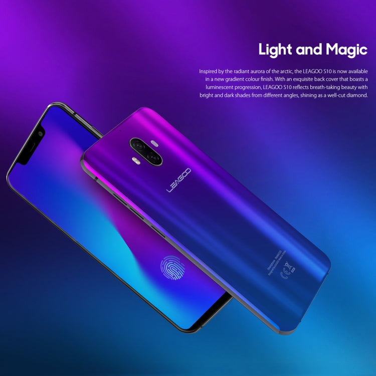 [HK Warehouse] LEAGOO S10,  6GB+128GB, Dual Back Cameras, Face & In-Display Fingerprint Identification, 4050mAh Battery, 6.21 inch Android 8.1 MTK6771 Helio P60 Octa Core up to 2.0GHz, Network: 4G, OTG, Dual SIM(Gradient Blue)