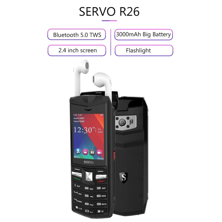 SERVO R26 TWS Bluetooth Mobile Phone, Russian Keyboard, 3000mAh Battery, 2.4 inch, 23 Keys, Support Bluetooth, FM, Flashlight, MP3 / MP4, GSM, Dual SIM, with TWS Bluetooth Headsets(Grey)