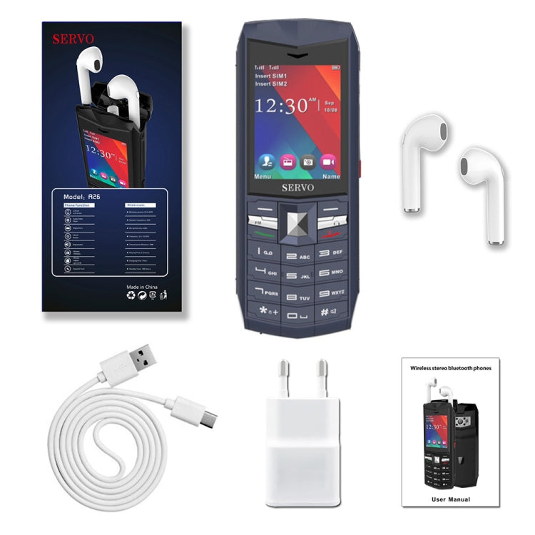 SERVO R26 TWS Bluetooth Mobile Phone, English Keyboard, 3000mAh Battery, 2.4 inch, 23 Keys, Support Bluetooth, FM, Flashlight, MP3 / MP4, GSM, Dual SIM, with TWS Bluetooth Headsets(Grey)