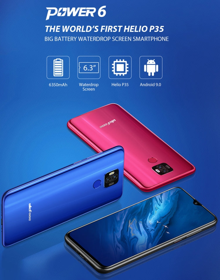 [HK Warehouse] Ulefone Power 6, 4GB+64GB, Dual Back Cameras, Face ID & Fingerprint Identification, 6350mAh Battery, 6.3 inch Android 9.0 MTK6765V Helio P35 Octa-core 64-bit up to 2.3GHz, Network: 4G, Dual SIM, NFC, OTG (Blue)