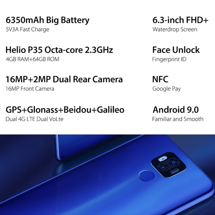 [HK Warehouse] Ulefone Power 6, 4GB+64GB, Dual Back Cameras, Face ID & Fingerprint Identification, 6350mAh Battery, 6.3 inch Android 9.0 MTK6765V Helio P35 Octa-core 64-bit up to 2.3GHz, Network: 4G, Dual SIM, NFC, OTG (Blue)