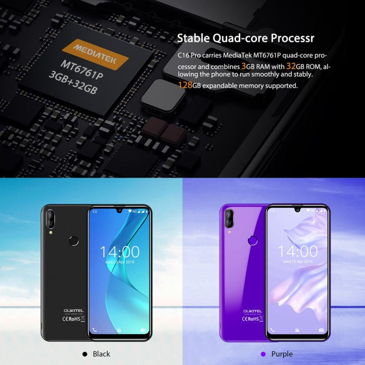 [HK Warehouse] OUKITEL C16 Pro, 3GB+32GB, Dual Back Cameras, Face ID & Fingerprint Identification, 5.71 inch Water-drop Screen Android 9.0 Pie MTK6761P Quad Core up to 2.0GHz, Network: 4G, Dual SIM