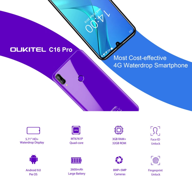 [HK Warehouse] OUKITEL C16 Pro, 3GB+32GB, Dual Back Cameras, Face ID & Fingerprint Identification, 5.71 inch Water-drop Screen Android 9.0 Pie MTK6761P Quad Core up to 2.0GHz, Network: 4G, Dual SIM