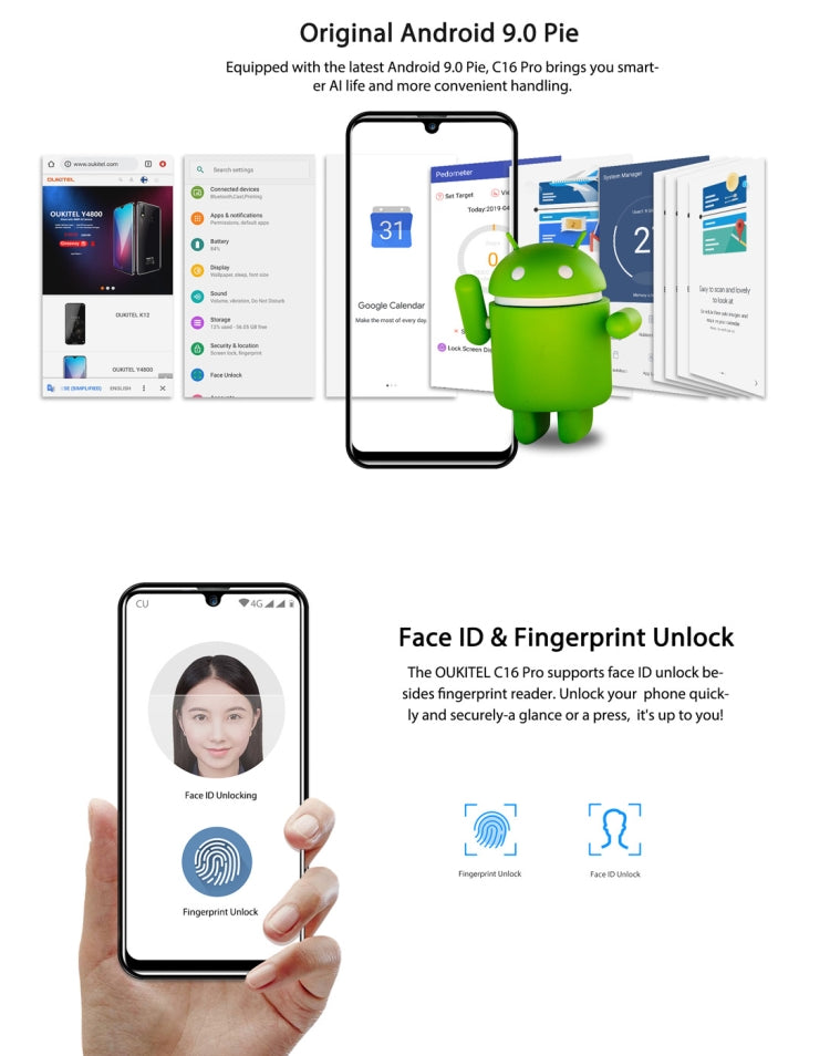 [HK Warehouse] OUKITEL C16 Pro, 3GB+32GB, Dual Back Cameras, Face ID & Fingerprint Identification, 5.71 inch Water-drop Screen Android 9.0 Pie MTK6761P Quad Core up to 2.0GHz, Network: 4G, Dual SIM