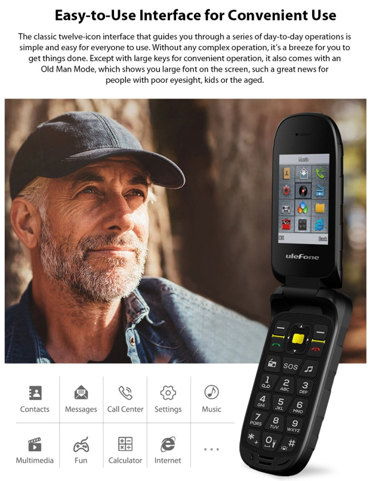 [HK Warehouse] Ulefone Armor Flip Rugged Phone, IP68/IP69K/MIL-STD-810G Waterproof Dustproof Shockproof, 2.4 inch + 1.44 inch, MTK6261A, Bluetooth, FM, Network: 2G, Dual SIM(Black)