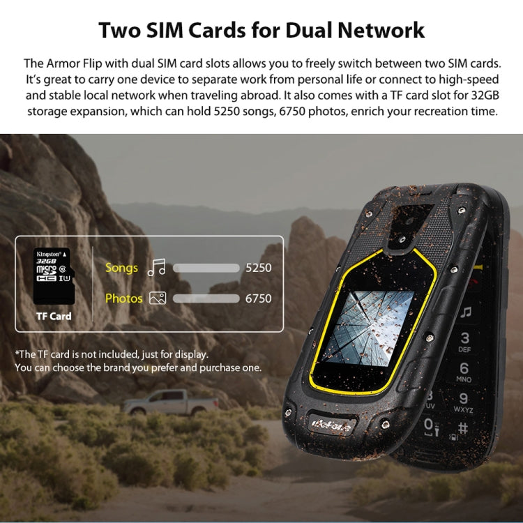 [HK Warehouse] Ulefone Armor Flip Rugged Phone, IP68/IP69K/MIL-STD-810G Waterproof Dustproof Shockproof, 2.4 inch + 1.44 inch, MTK6261A, Bluetooth, FM, Network: 2G, Dual SIM(Black)