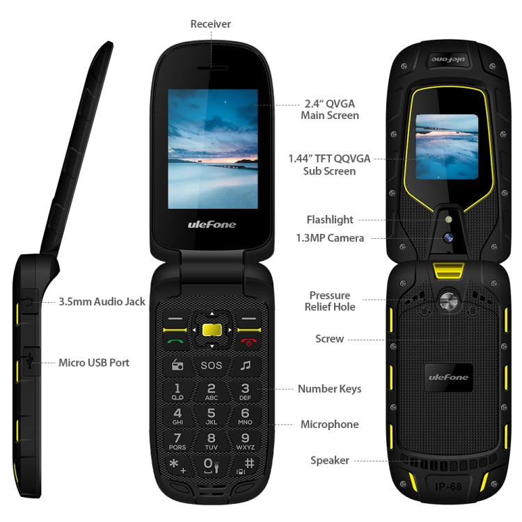 [HK Warehouse] Ulefone Armor Flip Rugged Phone, IP68/IP69K/MIL-STD-810G Waterproof Dustproof Shockproof, 2.4 inch + 1.44 inch, MTK6261A, Bluetooth, FM, Network: 2G, Dual SIM(Black)