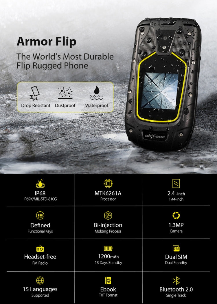 [HK Warehouse] Ulefone Armor Flip Rugged Phone, IP68/IP69K/MIL-STD-810G Waterproof Dustproof Shockproof, 2.4 inch + 1.44 inch, MTK6261A, Bluetooth, FM, Network: 2G, Dual SIM(Black)