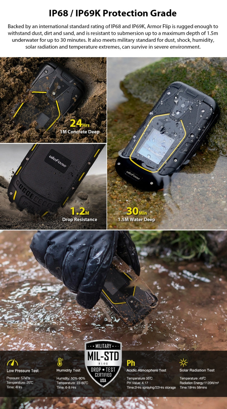 [HK Warehouse] Ulefone Armor Flip Rugged Phone, IP68/IP69K/MIL-STD-810G Waterproof Dustproof Shockproof, 2.4 inch + 1.44 inch, MTK6261A, Bluetooth, FM, Network: 2G, Dual SIM(Black)