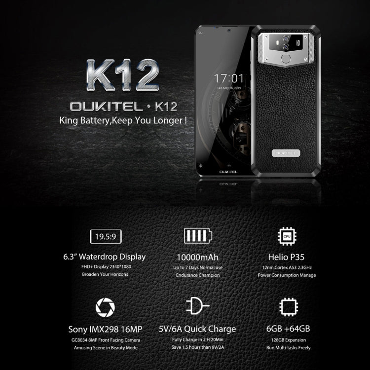[HK Warehouse] OUKITEL K12, 6GB+64GB, Dual Back Cameras, Face ID & Fingerprint Identification, 10000mAh Battery, 6.3 inch Android 9.0 MTK6765 Helio P35 Octa Core up to 2.3GHz, Network: 4G, OTG, NFC(Black)