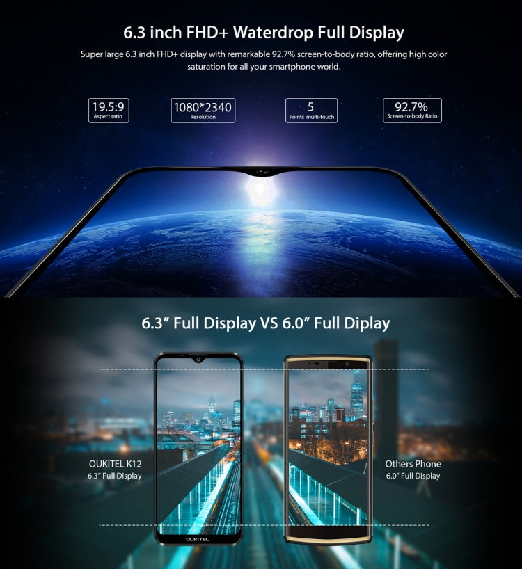 [HK Warehouse] OUKITEL K12, 6GB+64GB, Dual Back Cameras, Face ID & Fingerprint Identification, 10000mAh Battery, 6.3 inch Android 9.0 MTK6765 Helio P35 Octa Core up to 2.3GHz, Network: 4G, OTG, NFC(Black)