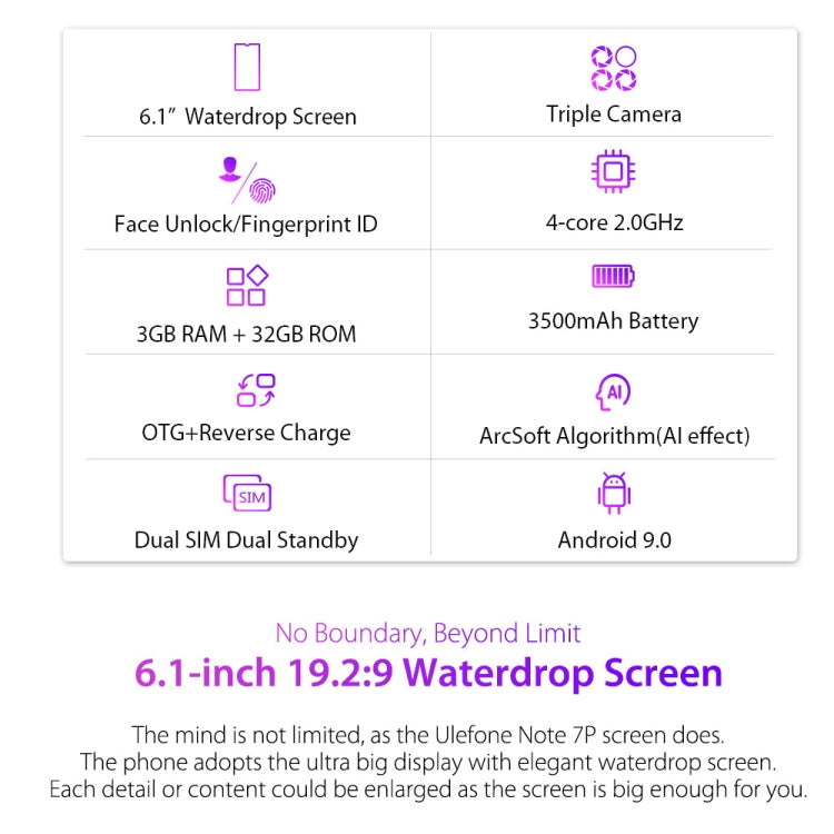 [HK Warehouse] Ulefone Note 7P, 3GB+32GB, Triple Rear Cameras & Face Unlock & Fingerprint ID Identification, 6.1 inch Waterdrop Screen,  Android 9.0 MT6761 Quad-core 64-bit 2.0GHz, Network: 4G, Dual SIM & OTG
