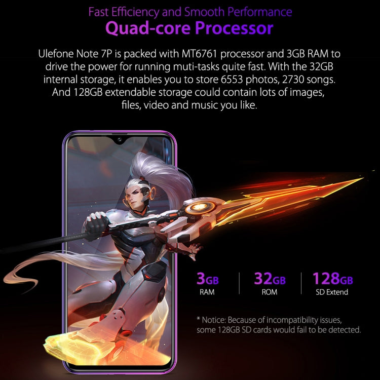 [HK Warehouse] Ulefone Note 7P, 3GB+32GB, Triple Rear Cameras & Face Unlock & Fingerprint ID Identification, 6.1 inch Waterdrop Screen,  Android 9.0 MT6761 Quad-core 64-bit 2.0GHz, Network: 4G, Dual SIM & OTG