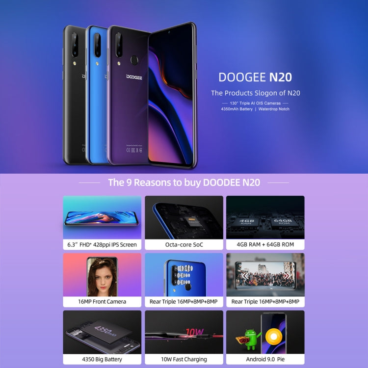 [HK Warehouse] DOOGEE N20, 4GB+64GB, Triple Back Cameras, Fingerprint Identification, 4350mAh Battery, 6.3 inch Waterdrop Notch Screen Android 9.0 Pie MTK6763V Octa Core up to 2.0GHz, Network: 4G, Dual SIM