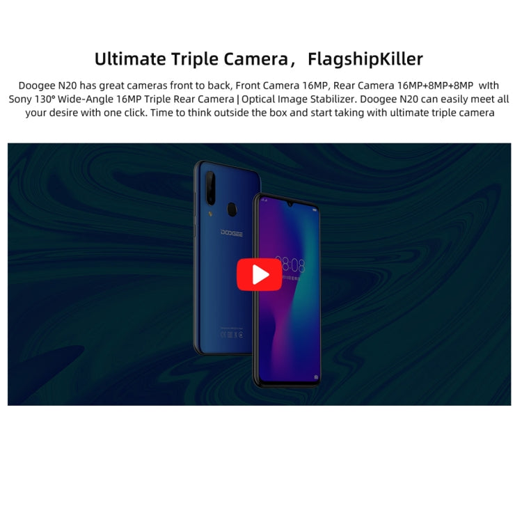 [HK Warehouse] DOOGEE N20, 4GB+64GB, Triple Back Cameras, Fingerprint Identification, 4350mAh Battery, 6.3 inch Waterdrop Notch Screen Android 9.0 Pie MTK6763V Octa Core up to 2.0GHz, Network: 4G, Dual SIM