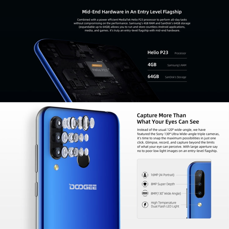 [HK Warehouse] DOOGEE N20, 4GB+64GB, Triple Back Cameras, Fingerprint Identification, 4350mAh Battery, 6.3 inch Waterdrop Notch Screen Android 9.0 Pie MTK6763V Octa Core up to 2.0GHz, Network: 4G, Dual SIM