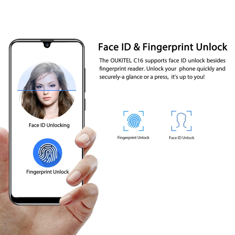 [HK Warehouse] OUKITEL C16, 2GB+16GB, Dual Back Cameras, Face ID & Fingerprint Identification, 5.71 inch Water-drop Screen Android 9.0 Pie MTK6580P Quad Core up to 1.5GHz, Network: 3G, Dual SIM