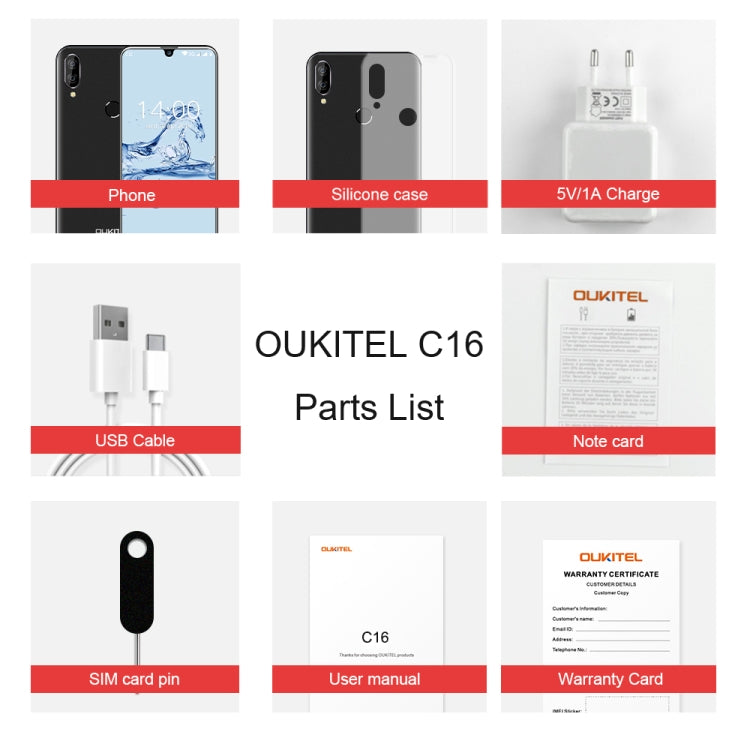 [HK Warehouse] OUKITEL C16, 2GB+16GB, Dual Back Cameras, Face ID & Fingerprint Identification, 5.71 inch Water-drop Screen Android 9.0 Pie MTK6580P Quad Core up to 1.5GHz, Network: 3G, Dual SIM