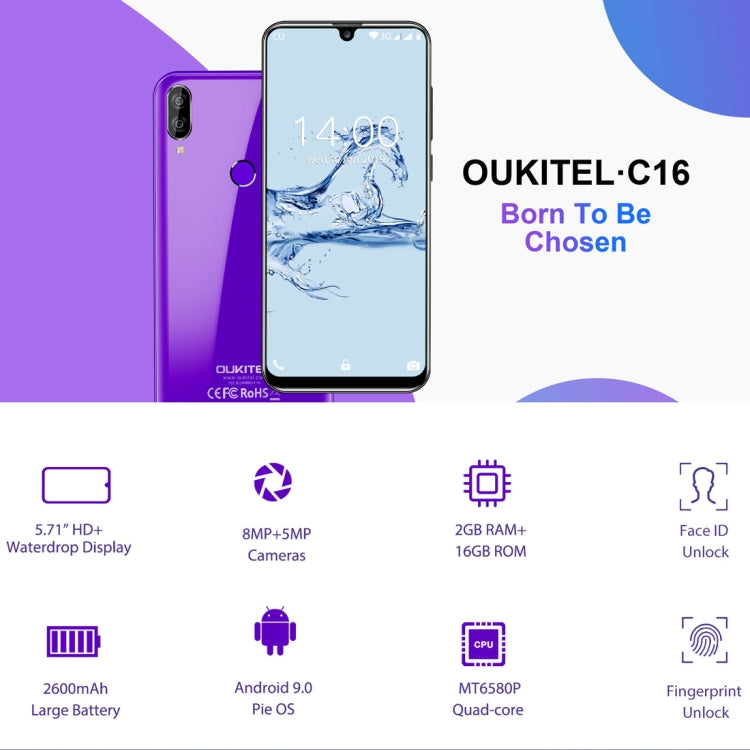 [HK Warehouse] OUKITEL C16, 2GB+16GB, Dual Back Cameras, Face ID & Fingerprint Identification, 5.71 inch Water-drop Screen Android 9.0 Pie MTK6580P Quad Core up to 1.5GHz, Network: 3G, Dual SIM