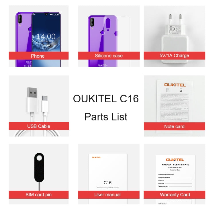 [HK Warehouse] OUKITEL C16, 2GB+16GB, Dual Back Cameras, Face ID & Fingerprint Identification, 5.71 inch Water-drop Screen Android 9.0 Pie MTK6580P Quad Core up to 1.5GHz, Network: 3G, Dual SIM