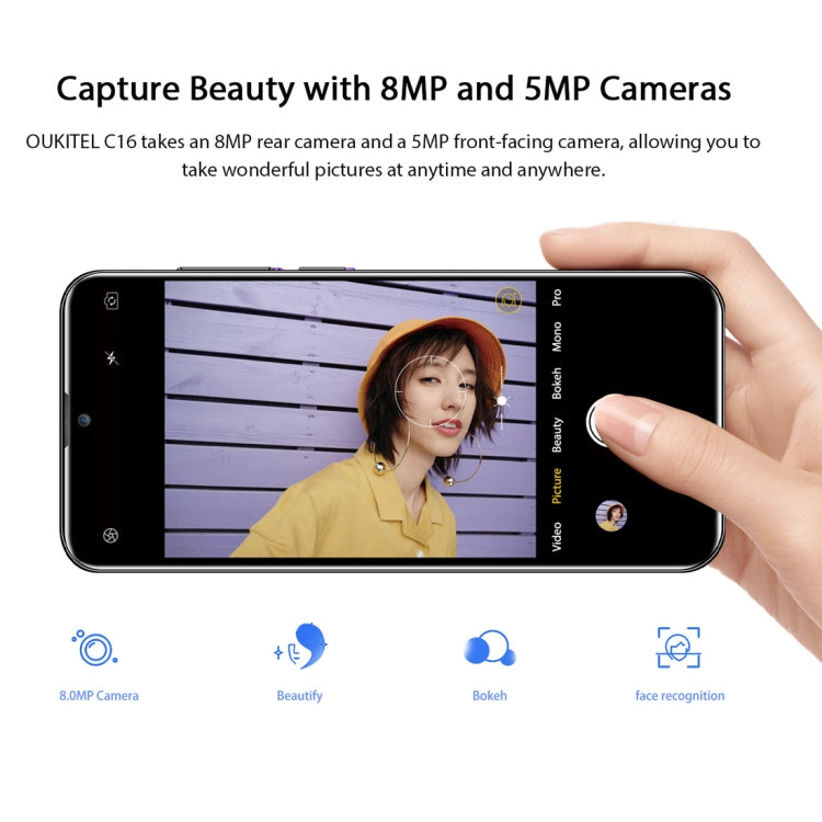 [HK Warehouse] OUKITEL C16, 2GB+16GB, Dual Back Cameras, Face ID & Fingerprint Identification, 5.71 inch Water-drop Screen Android 9.0 Pie MTK6580P Quad Core up to 1.5GHz, Network: 3G, Dual SIM