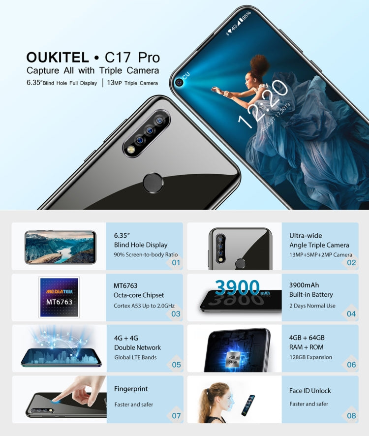 [HK Warehouse] OUKITEL C17 Pro, 4GB+64GB, Dual Triple Cameras, Face ID & Fingerprint Identification, 6.35 inch Pole-notch Screen Android 9.0 Pie MTK6763 Octa-core up to 2.0GHz, Network: 4G, Dual SIM