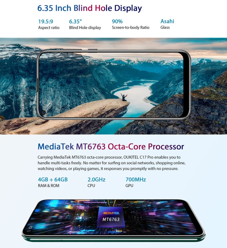 [HK Warehouse] OUKITEL C17 Pro, 4GB+64GB, Dual Triple Cameras, Face ID & Fingerprint Identification, 6.35 inch Pole-notch Screen Android 9.0 Pie MTK6763 Octa-core up to 2.0GHz, Network: 4G, Dual SIM