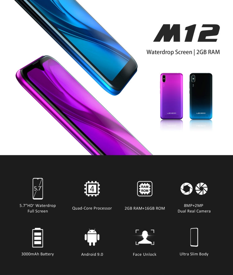 [HK Warehouse] LEAGOO M12, 2GB+16GB, Dual Back Cameras, Face ID Identification, 5.7 inch Water-drop Screen Android 9.0 MTK6739WW Quad Core up to 1.5GHz, Network: 4G, Dual SIM