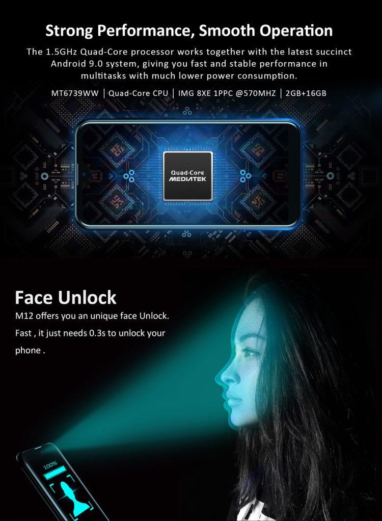 [HK Warehouse] LEAGOO M12, 2GB+16GB, Dual Back Cameras, Face ID Identification, 5.7 inch Water-drop Screen Android 9.0 MTK6739WW Quad Core up to 1.5GHz, Network: 4G, Dual SIM