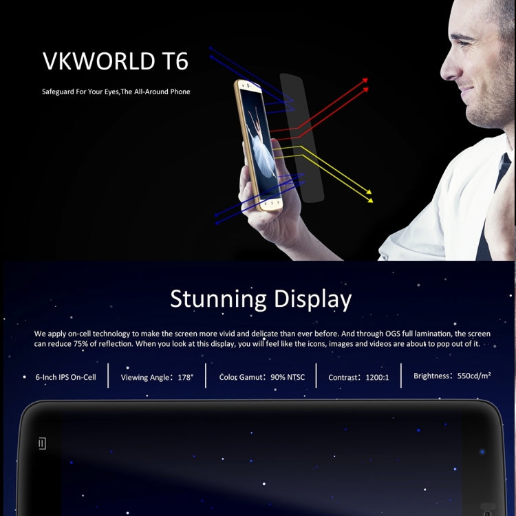 VKworld T6 16GB, Network: 4G, Hot Knot Data Transfer Technology, 6.0 inch IPS On-Cell Anti-blue Light Anti-fingerprint 2.5D Arc Screen Android 5.1 MT6735 Quad Core 64-bit 1.0GHz, RAM: 2GB