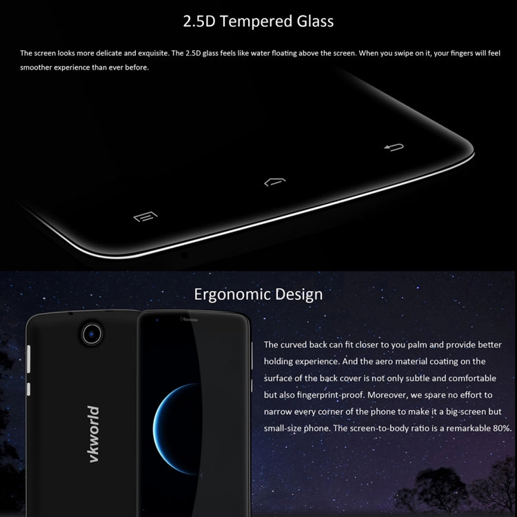 VKworld T6 16GB, Network: 4G, Hot Knot Data Transfer Technology, 6.0 inch IPS On-Cell Anti-blue Light Anti-fingerprint 2.5D Arc Screen Android 5.1 MT6735 Quad Core 64-bit 1.0GHz, RAM: 2GB