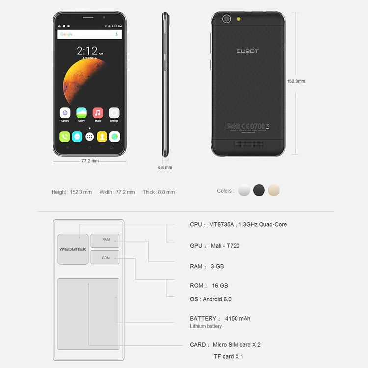 [HK Warehouse] CUBOT Dinosaur 16GB, Network: 4G, Hot Knot Data Transfer Technology, 4150mAh Battery, 5.5 inch Screen Android6.0 MT6735 Quad-Core 1.3GHz, RAM: 3GB(Black)